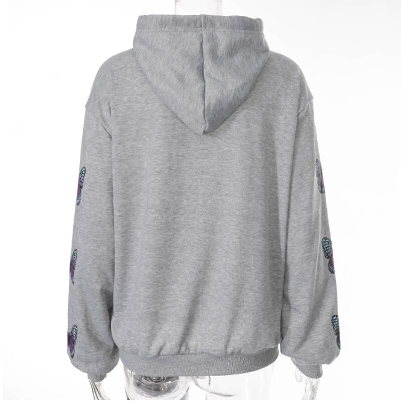 Herfst Winter Mode Vlinder Print Grijs Hoodies Vrouwen Lange Mouw Trui Losse Sport Casual Sweater Streetwear Tops