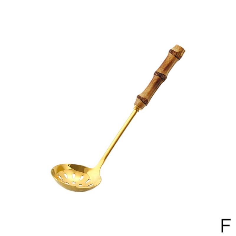 Kitchen Steel Long Handle Gold Soup Ladle Slotted Colander Spoon Filter Pot Strainer Cooking Skimmer Set Tool I6S8: F