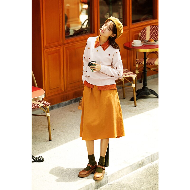 Inman høst vinter farge polka ball dekorasjon ribbet genser genser varme og kawaii stil vindtett jumpe