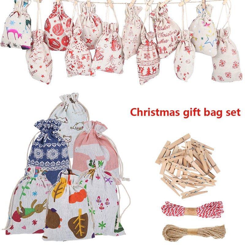 Jul adventskalender nedräkningspåse gör-det-själv-kalenderpåse julgodispåse med klämmor klistermärken rep hem juldekoration