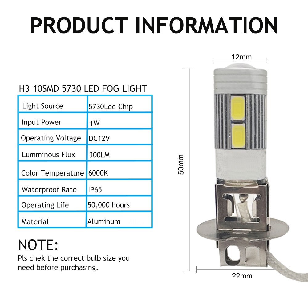 1 stk led pære tågelygte  h3 12v led bil 10 smd 5730 super lys hvid 6000k auto blinklys kørelygte drl