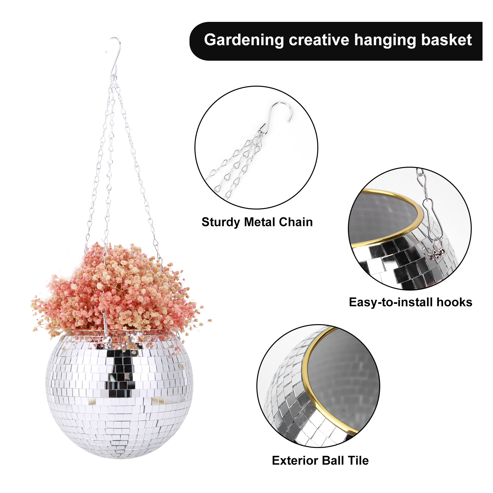 Mirror Hemisphere Flowerpot Hanging Basket Basketball-Shaped Hanging Pot Mirror Ball Flowerpot Office Garden Ornaments