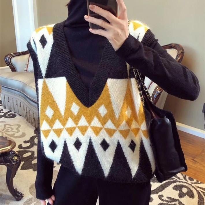 Trui Vest Vrouwen Breien Geometrische Argyle Retro Herfst Koreaanse Stijl Dames Truien Winter Alle-Match Uitloper Tieners Losse: black / XXL
