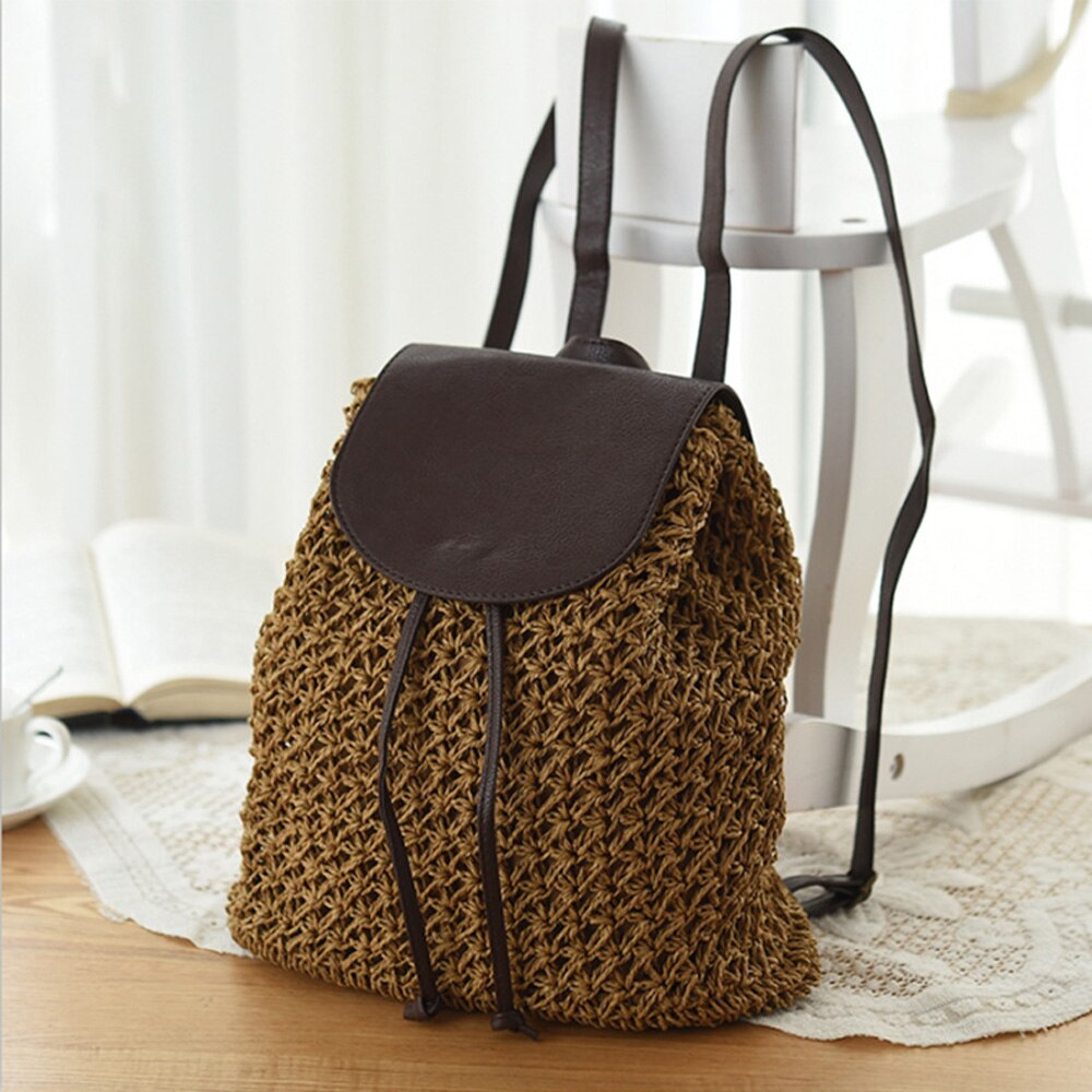 Women's Backpack Crochet Paper Rope Braided Drawstring Women's Straw Backpack Summer Travel Outing Ladies Woven Backpack