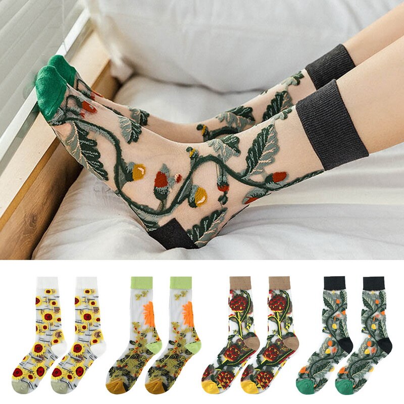 Vintage Harajuku Product Crystal Silk Tide Socks Funny Sunflowers Vines Flowers Happy Women Socks Casual Sox