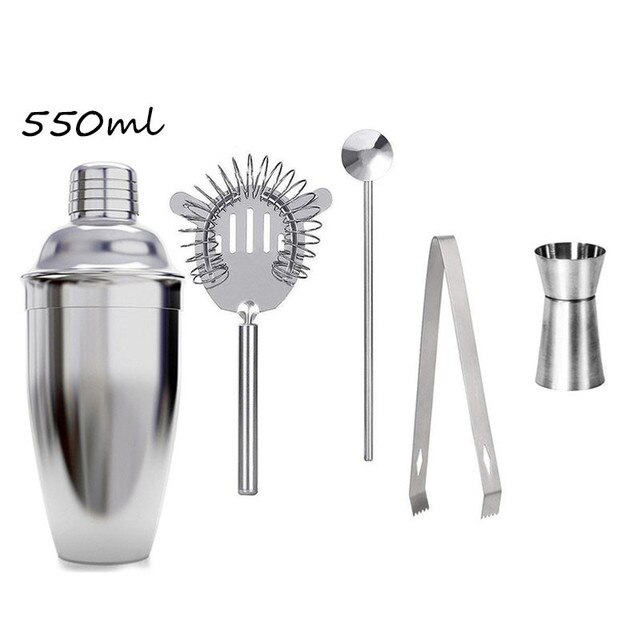 Stainless Steel Cocktail Shaker Mixer Set Wine Martini Boston Shaker for Bartender Drink Party Bar Tools Set 750ML Wine Bottle: 550ml 5pcs
