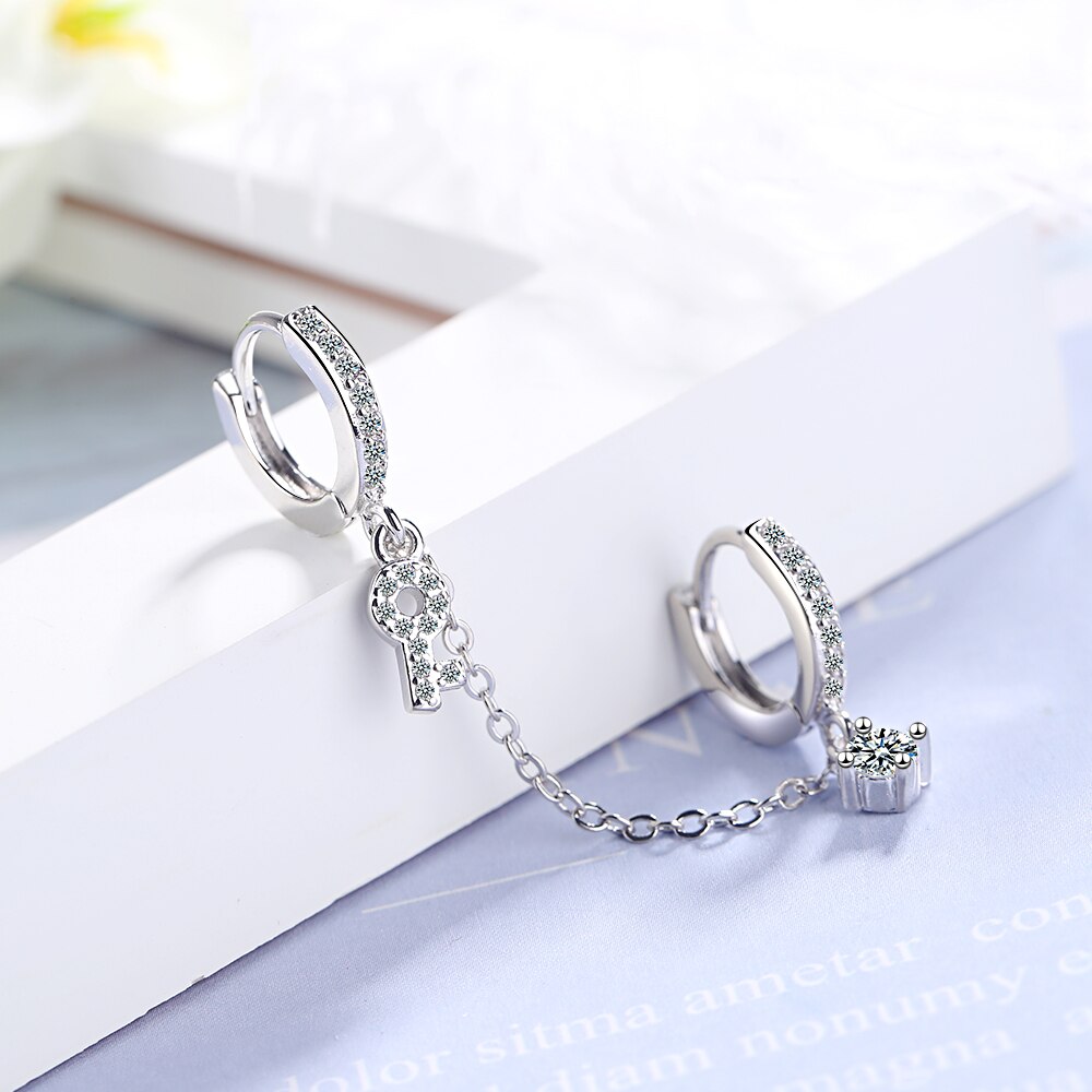 ANENJERY 1PC Punk Style Double Ear Hole Zircon Hoop Earrings Silver Color Key Chain Earring For Women Jewelry S-E992