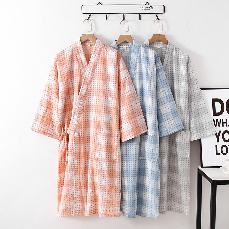 Albornoz para parejas de estilo fino de primavera y verano, batas tipo kimono con a cuadros, albornoces de algodón Jacquard tejidos de Color