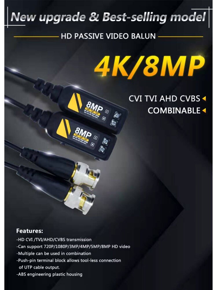 Connecteur Balun vidéo HD 8MP BNC | 1 paire de Support, canal de signal de caméra HD AHD/CVI/TVI