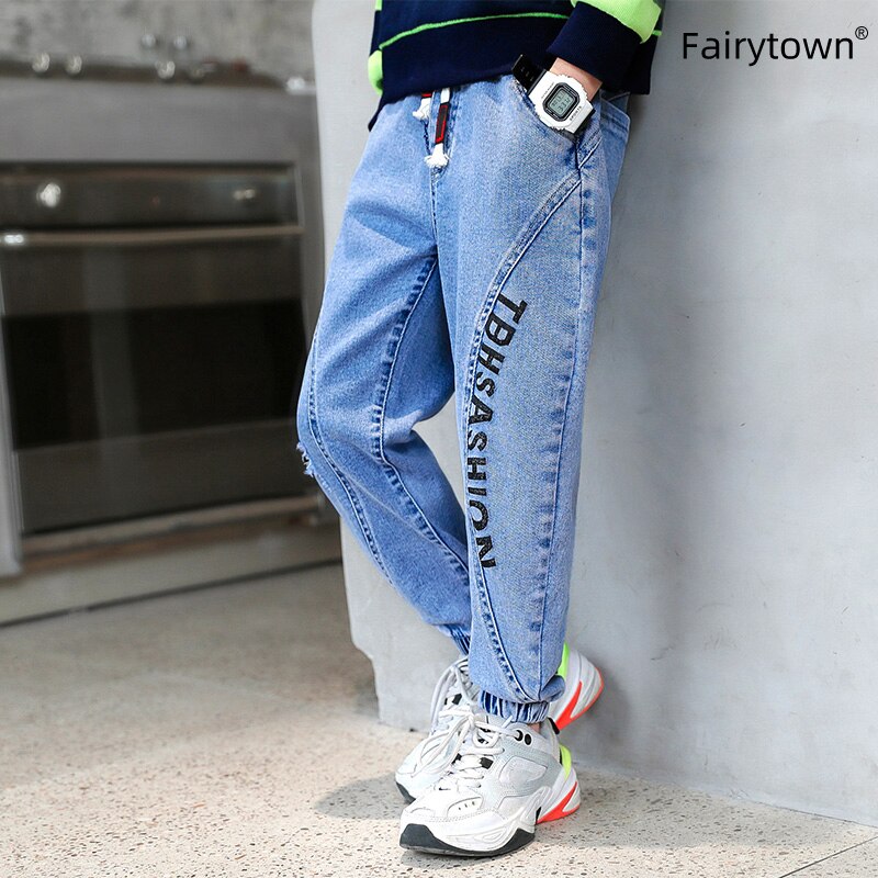 Jeans per ragazzi pantaloni Cargo per adolescenti pantaloni larghi moda Hip-hop pantaloni Harem con cuciture blu 4 6 8 10 12 14 16 anni