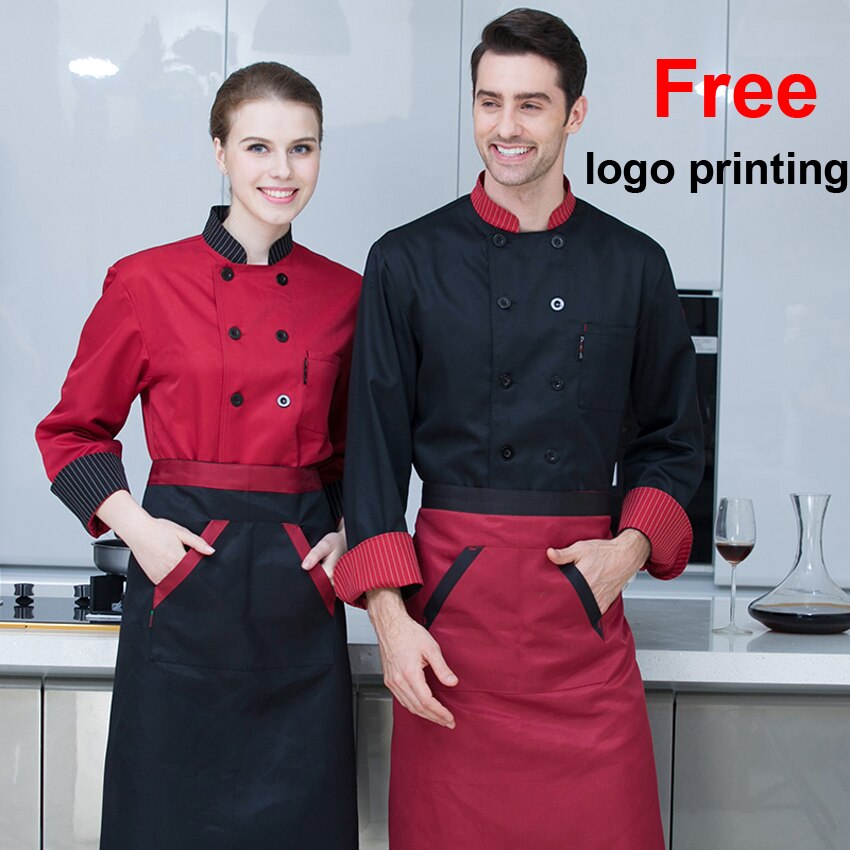 Gratis logo tryk sort hvid rød farve ensfarvet kokkefrakke jakke fuldærmet åndbar bageri tjener restaurant uniform