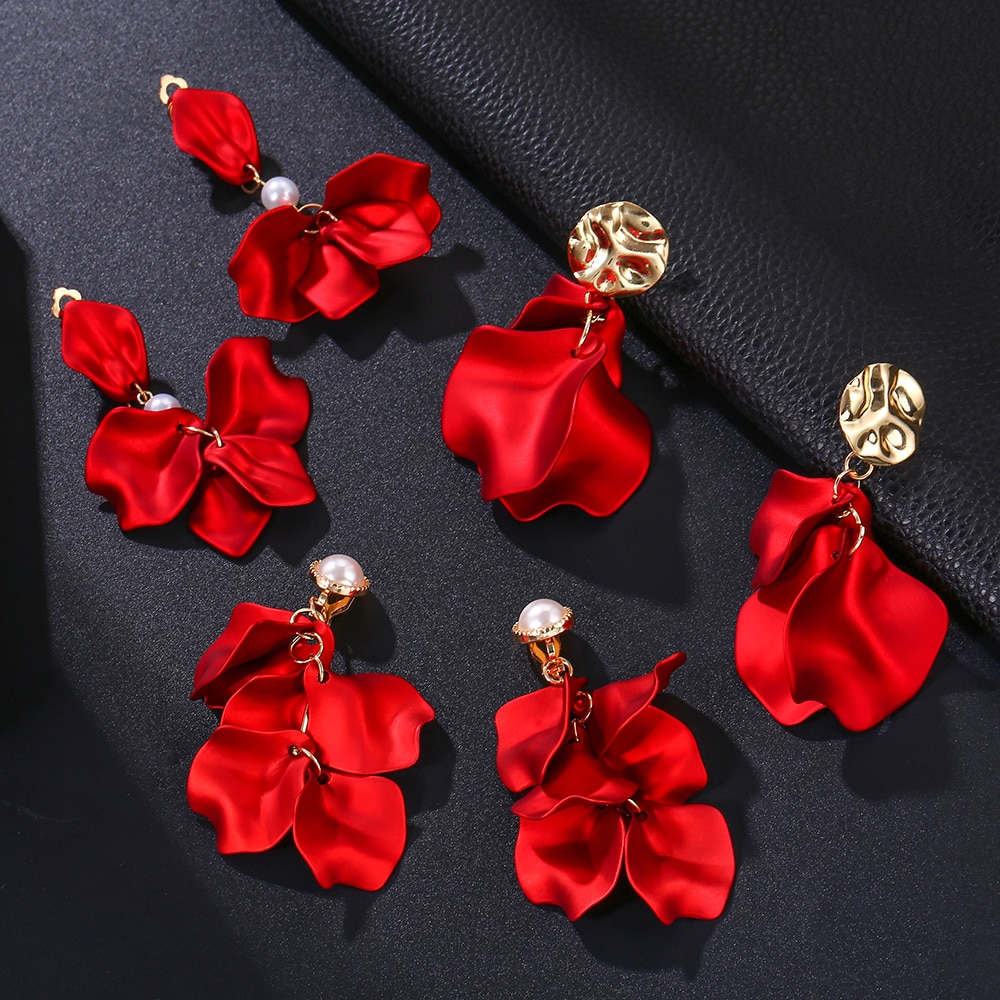 Erklæring rød blomst kronblad klip på øreringe til kvinder fest ørering til kvinder smykker
