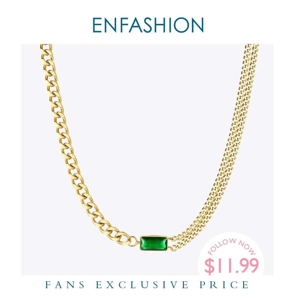 ENFASHION, collar gargantilla de cadena de eslabones de piedra verde, collares colgantes de cristal de acero inoxidable de Color dorado para mujer, joyería de P3116