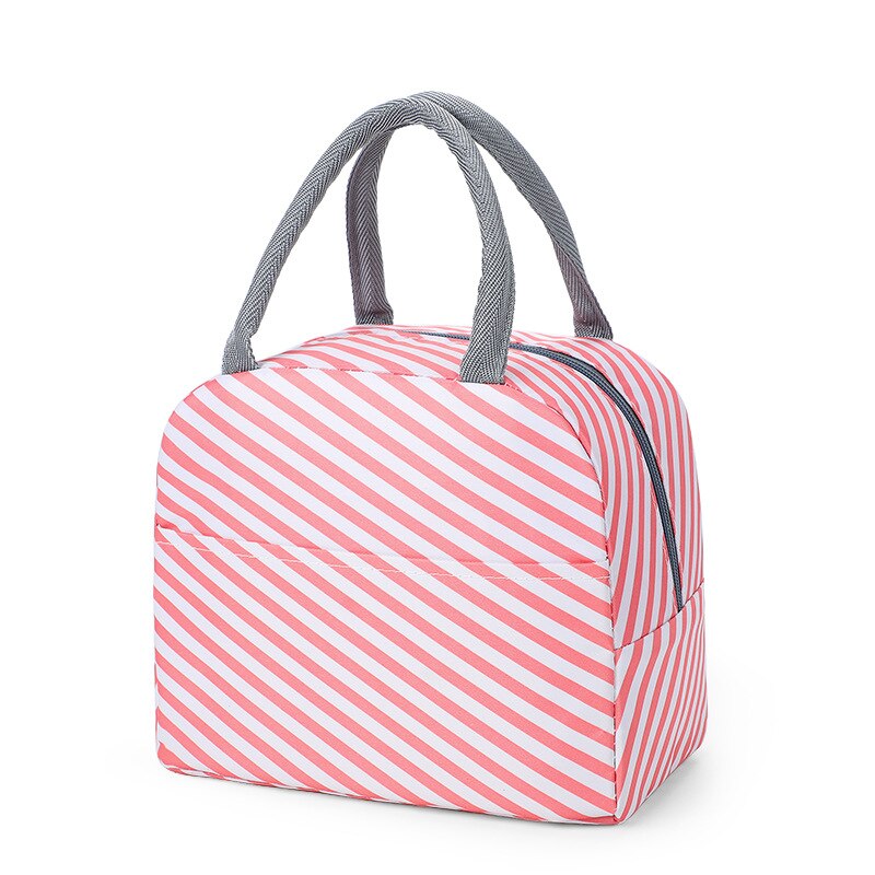 Functional Cute Pattern Lunch Bag Portable Insulated Canvas Cooler Bog Thermal Food Picnic Lunch Bags For Women Kids: Pink Stripe
