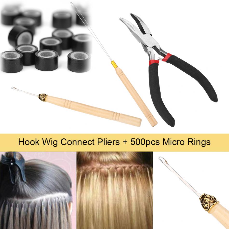 Kit de extensiones de cabello, Kit de herramientas de extensión de cabello, Micro anillos de cuentas de silicona, 2 ganchos de tracción y alicates, 500 Uds.