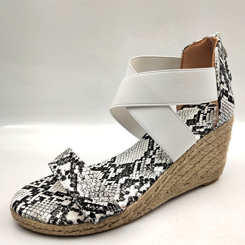 Women Wedges Sandal Leopard Cross Tie Snakeskin Ladies Open Toe Zipper Female Beach Soft Shoes Hemp Bottom Summer Plus Size