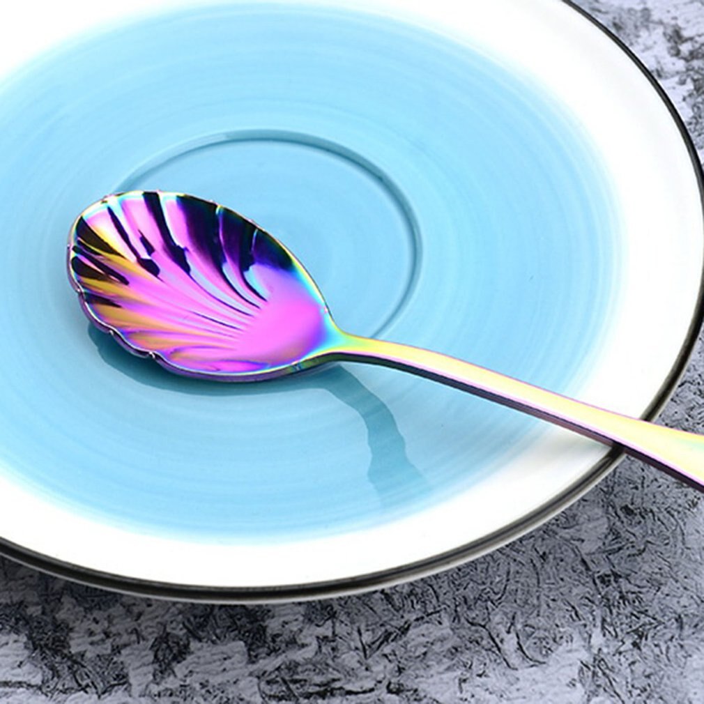 6Pcs Shell Shape Stainless Steel Teaspoons Coffee Spoons Ice Cream Sugar Dessert Spoons Colorful Rainbow Spoons for Kitchen Bar