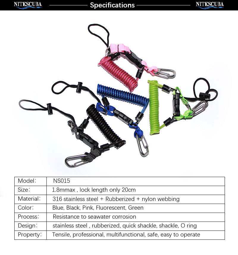 Scuba Diving 316 Anti-lost Spiral Spring Coil Camera Lanyard Safety Emergency Tool Rope Quick Release Spiral Lanyard&amp;Clip Buckle