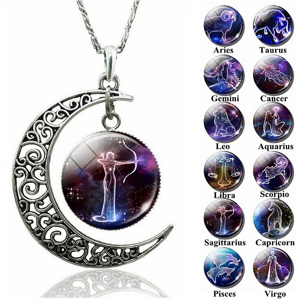 Collar de 12 constelaciones de astrología y horóscopo, colgante de cristal de Luna, collar del zodiaco para mujeres y hombres, de joyería de cumpleaños