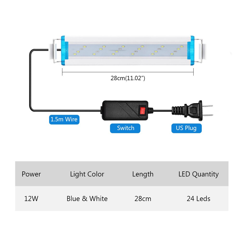 Waterdichte Vis Armatuur Verstelbare Aquarium Licht Plant Lamp Ac 90-260V Decor Wit Blauw Verlichting Super Slanke Leds us/Eu Plug: US plug-28cm