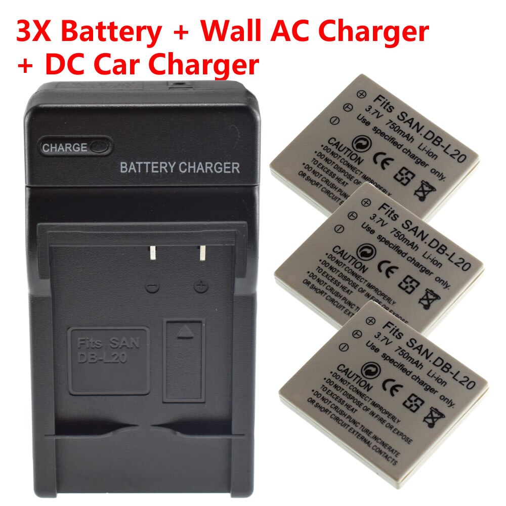 2x DB-L20 Battery + AC Wall Charger + Car Plug Sanyo VPC-CA65 CA8 CA9 CG6 CG65: 3 Battery Set