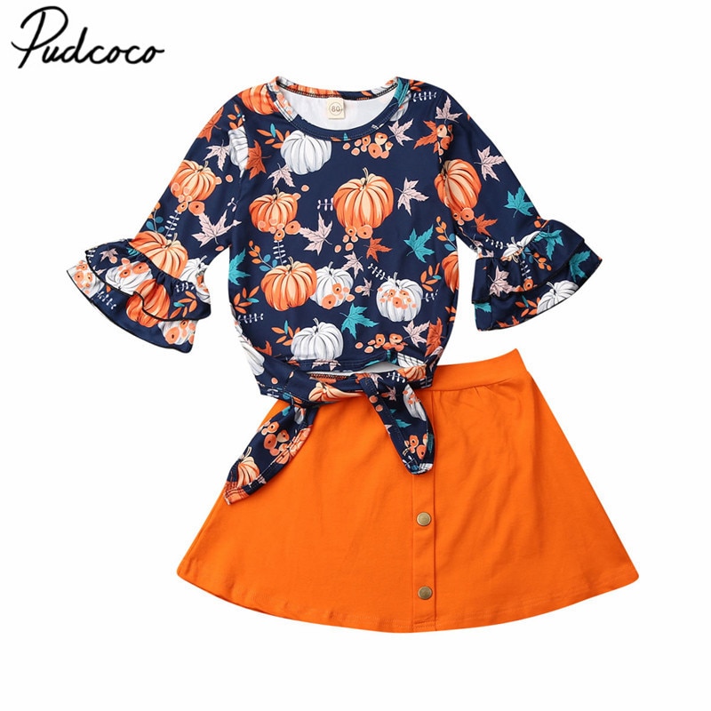 Ropa de bebé primavera otoño niño pequeño bebé niña halloween calabaza manga larga acampanada tops + faldas tubo conjunto de trajes de algodón