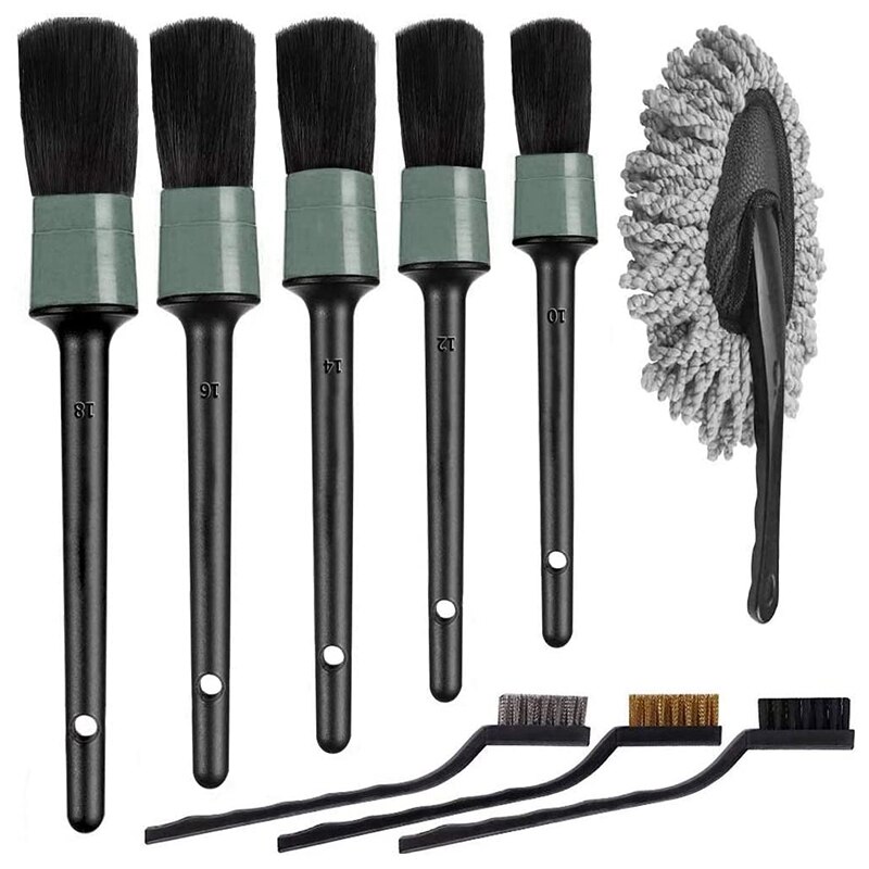 9Pcs Auto Car Detailing Brush Set Car Interior Cleaning Kit Includes 5 Detail Brushes,3 Wire Brush, 1 Car Duster Brush