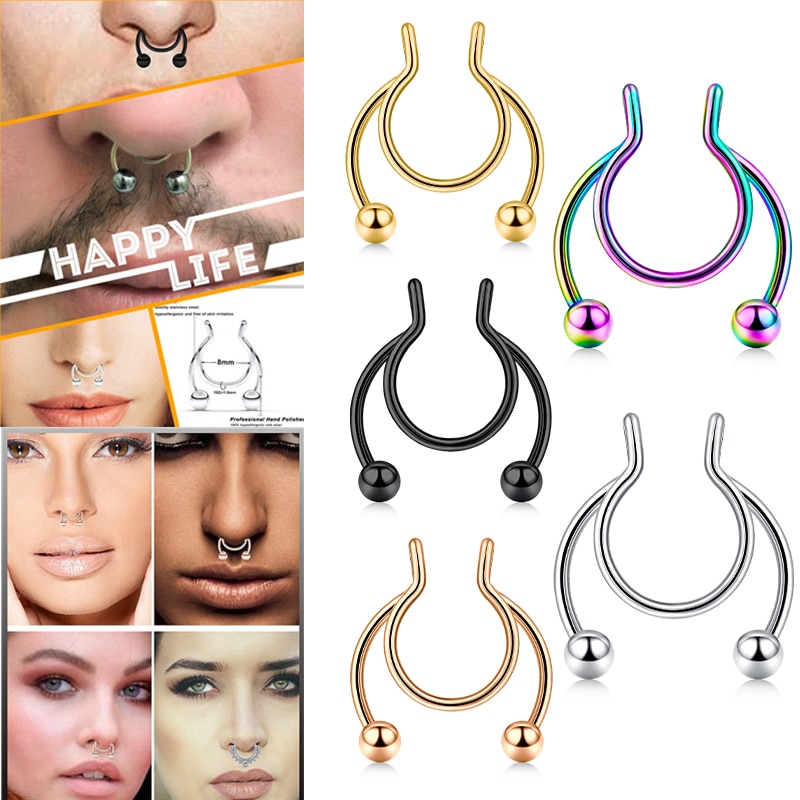 18G Faux Septum nez cerceau anneaux en acier inoxydable fausse lèvre oreille nez Septum anneau Non Piercing pince sur nez cerceau anneaux Piercing du corps