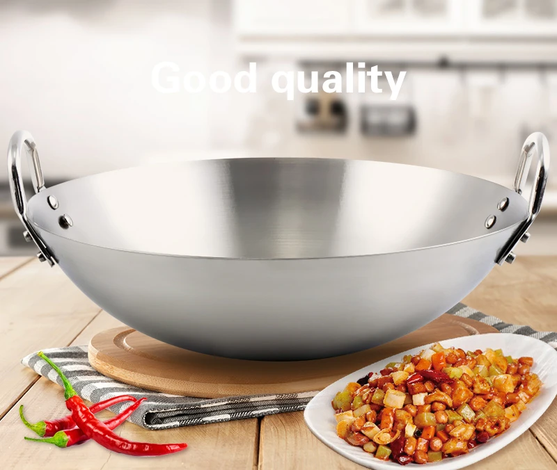 Chinese Traditionele Ijzeren Dubbele Oor Chef Bak Wok Roestvrij Stalen Wok Gasfornuis Smeedijzeren Keuken Kookgerei Wok Pan Wok brander
