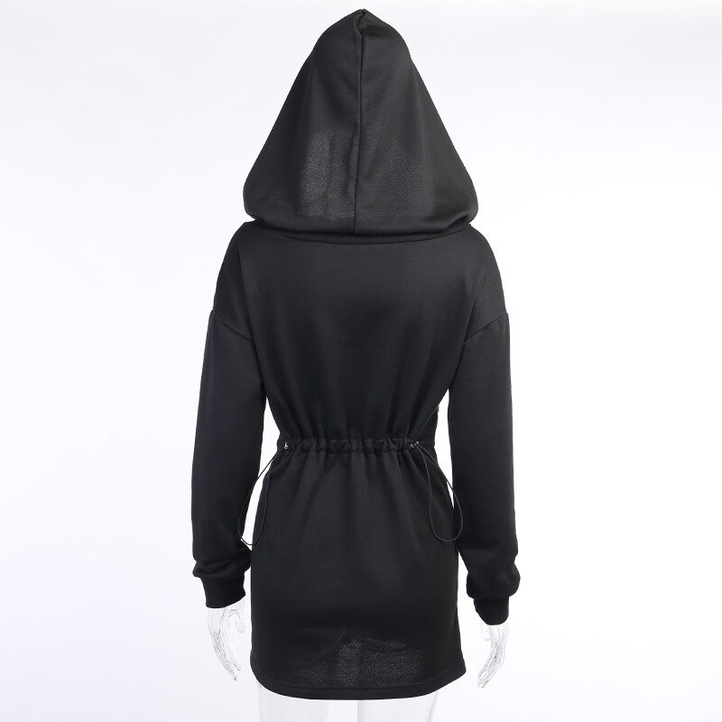 NCLAGEN gotisch Schwarz Punk Hoodies Kleid Mond Stickerei Rose Drucken Mit Kapuze Kleider Frauen Hohe Taille Kordelzug Vestidos de Mujer