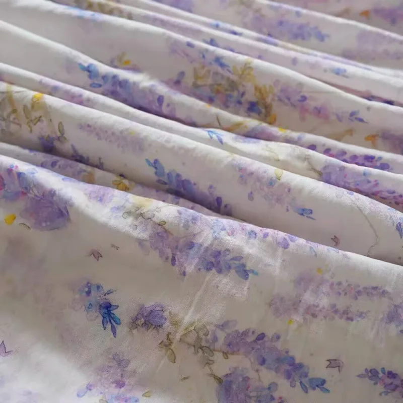 Spring Summer Light Purple Wisteria Half Skirt Women's Midi Floral A- Line Skirt Fresh Cotton Linen Plant Floral Pattern