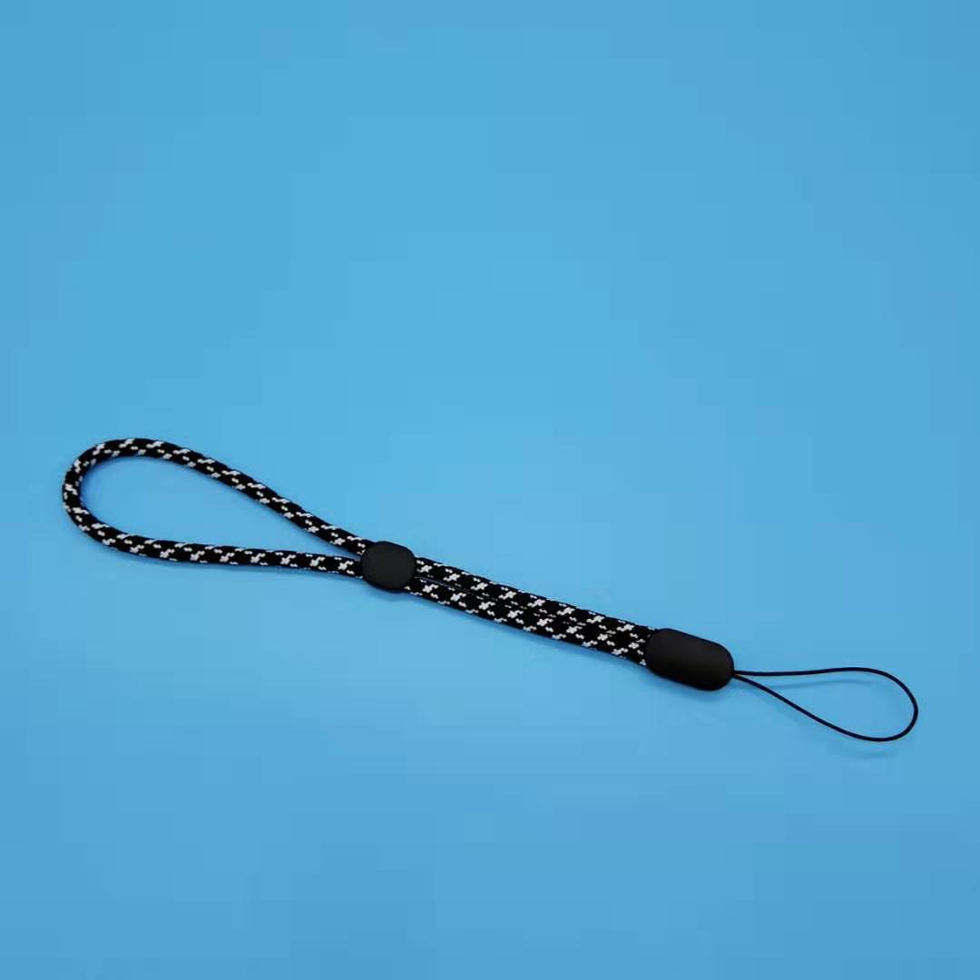 Luxury wrist lanyard bluetooth speaker lanyard flashlight fan selfie stick U disk mobile phone lanyard anti-lost lanyard: Black and white