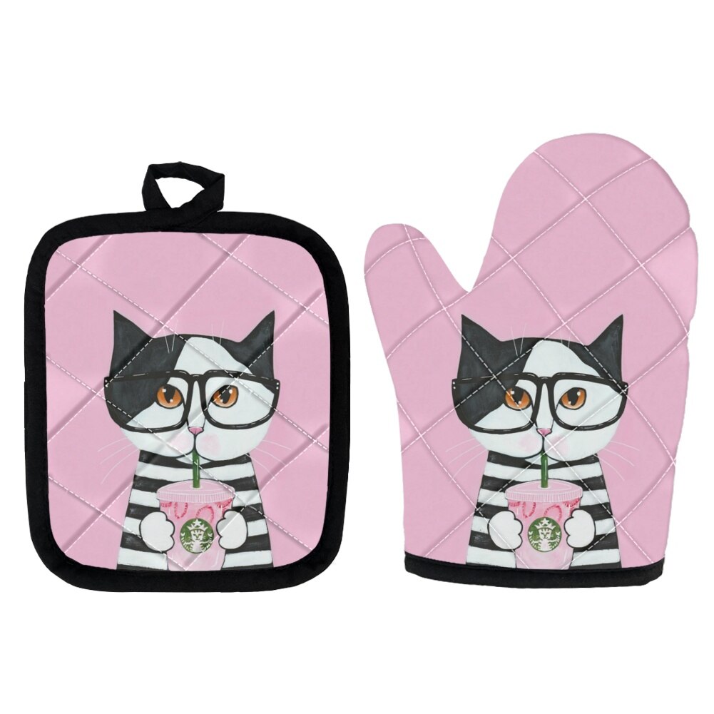 High Heat Protect Gloves Cute Cartoon Cat Print Polyester Microwave Oven BBQ Mitt Potholder Kitchen Mittens and Pad for Cooking: Z9980D19