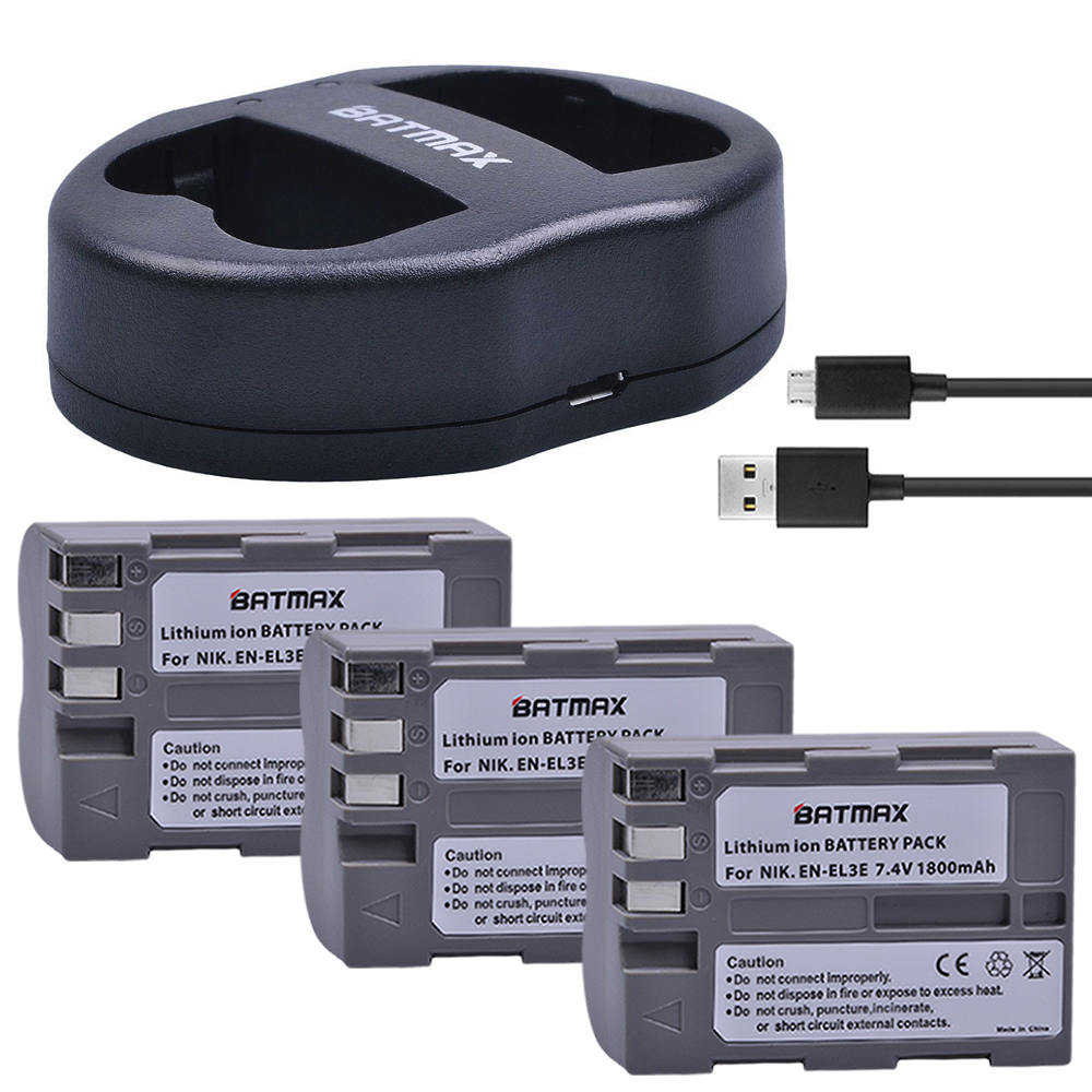 Batmax 1800mAh EN-EL3E EN-EL3 Battery +USB Dual Charger for Nikon D30 D50 D70 D90 D70S D300 Camera: 3B with charger