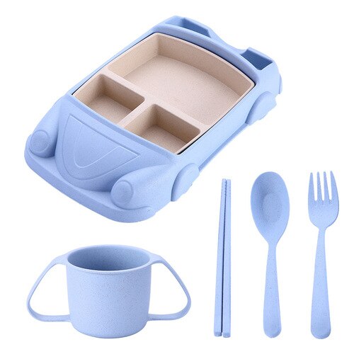 Children's Cartoon Car Baby Tableware Bamboo Fiber Children Feeding Shatter-resistant Grid Plate Set Wy1116: Nordic blue