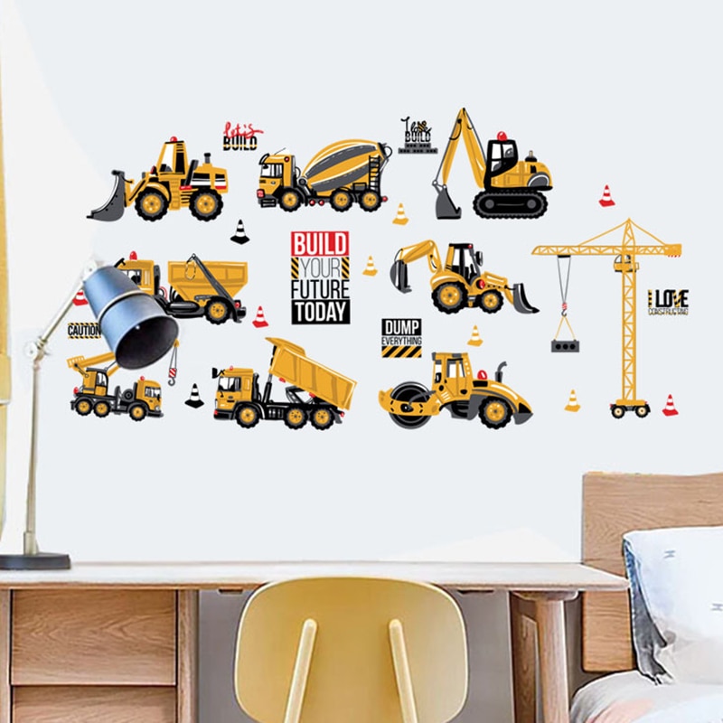 Cartoon Excavator Construction Wall Decals Baby Boy Nursery Kids Room Stickers Decoration PVC With Double-sided Visible Pattern
