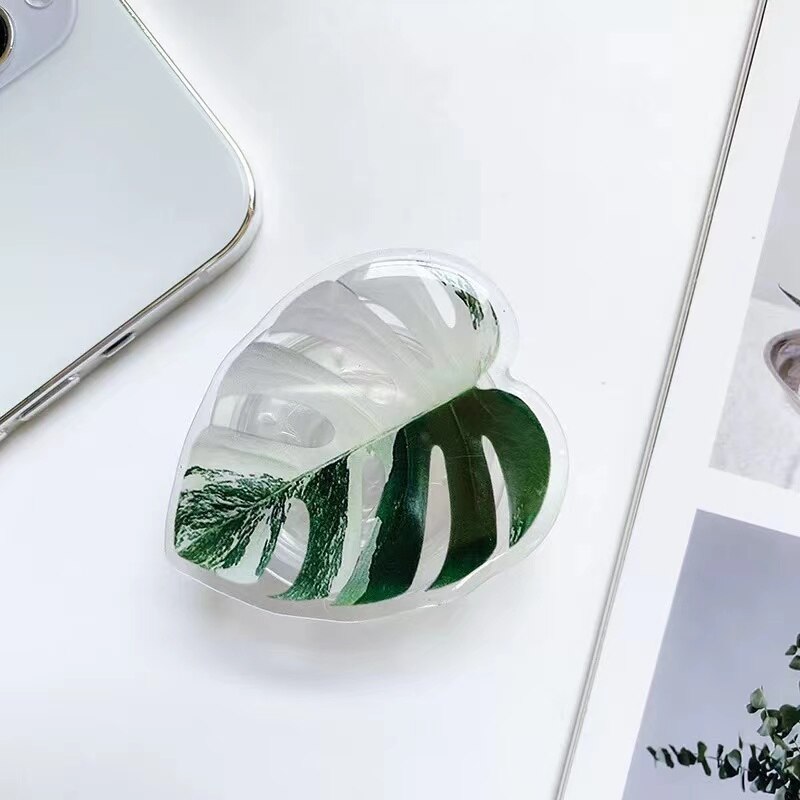 Cute Green Plants Leaves Universal Phone Holder Griptok Support For iPhone Grip Tok Folding Finger Stand Socket: YELLOW