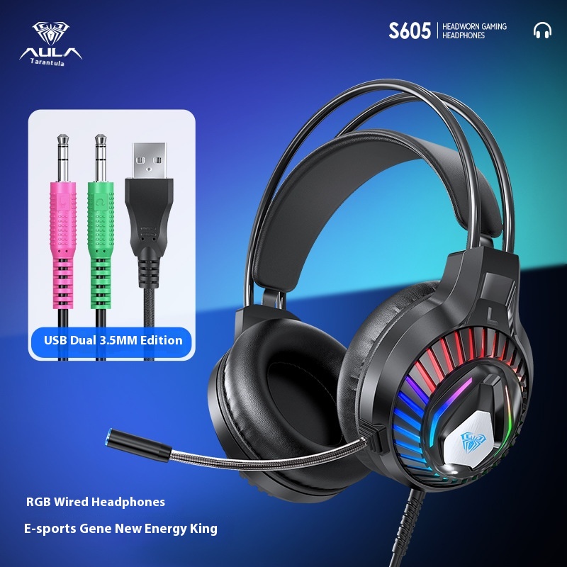 AULA S605 Gaming Headset - Kabelgebunden USB, RGB Stereoskopisch, Aktive Geräuschunterdrückung, Mikrofon: Rot
