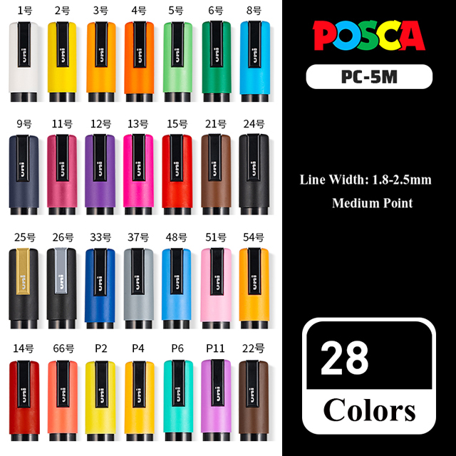 Uni Posca – ensemble complet de marqueurs de peinture acrylique, stylos PC-1M PC-3M PC-5M 7/8/12/15/24/29C pour peinture sur roche, Frabric, verre/métal, Graffiti