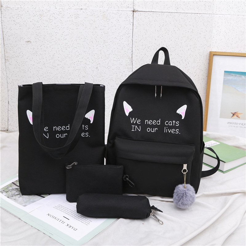 Children Bags Teenage Students Zipper Shoulder Canvas Backpacks Girls School Backpack Kids 3pcs/set Letters Printing Women Bags: Black