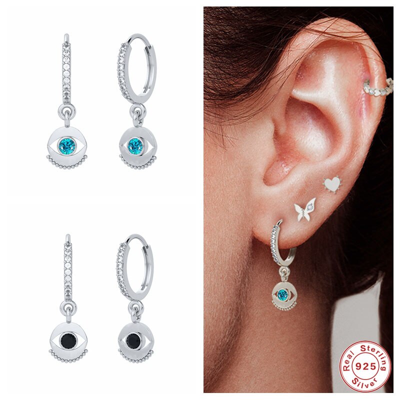 GS 925 Sterling Silver Black Blue Zircon Eye Shape Pendant Hoop Earrings For Women Luxury Bohemian Pave Crystal Circle Earring