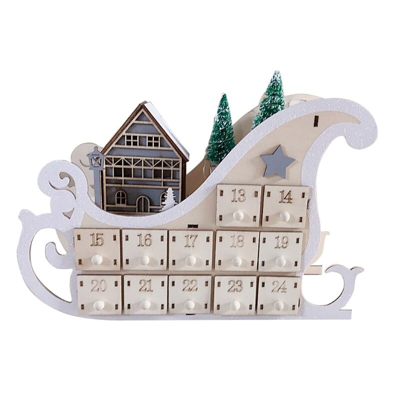 Tree House Sleigh Wooden Advent Calendar Countdown Christmas Party Decor 24 Drawers with LED Light Ornament: White