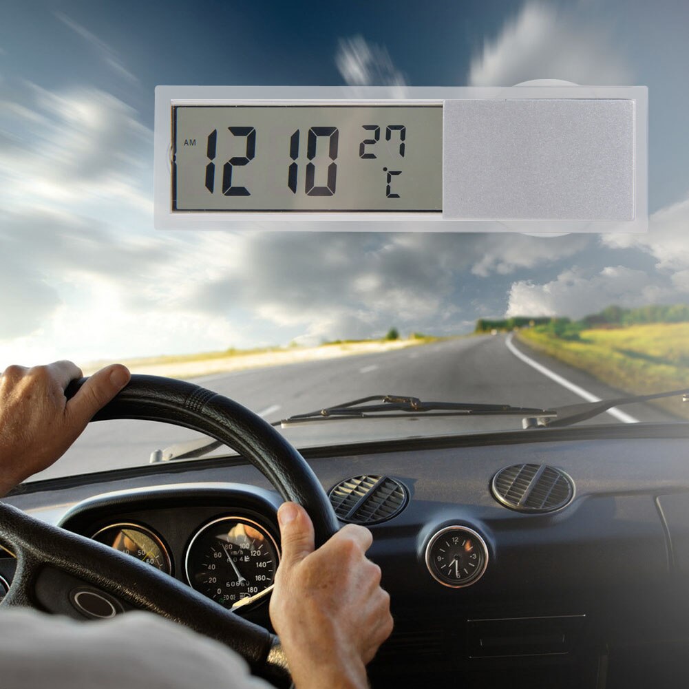2 in 1 Mini Automobile Clock Thermometer Hours in the Car LED Digital Display with Suction Cup AG10 Button Cell Battery Operated