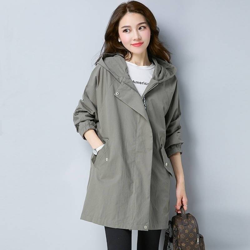 Femmes Trench Coat femme à manches longues mince à capuche manteau décontracté printemps lâche ajuster la taille fermeture éclair vêtements d'extérieur grande taille 5XL