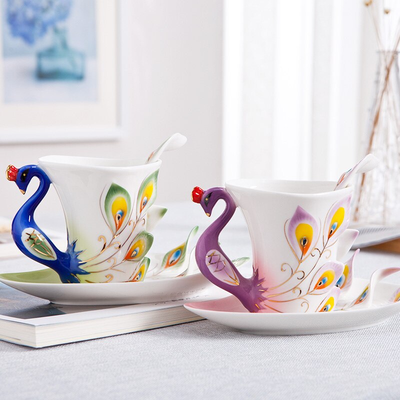 Ensemble de tasses à café paon en porcelaine émaillé 3D, artisanal à la main, avec soucoupe et cuillère, en céramique, tasse à thé et à eau