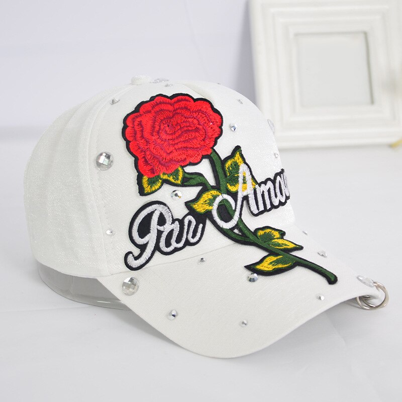 Rose Flower Embroidered Dad Hat Women Men Cute Adjustable Cotton Floral Baseball Cap X85: white roses