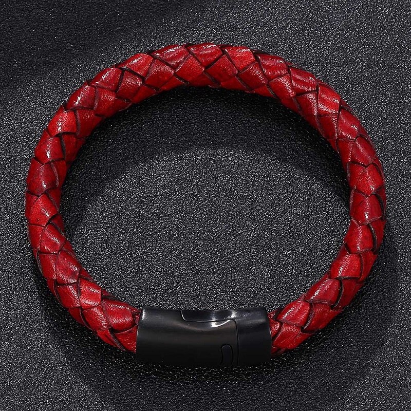 Vintage Red Braided Leather Bracelet Men Jewelry Black Magnetic Buckle Rope Bangle Punk Male Wrist Band Pulsera Hombre