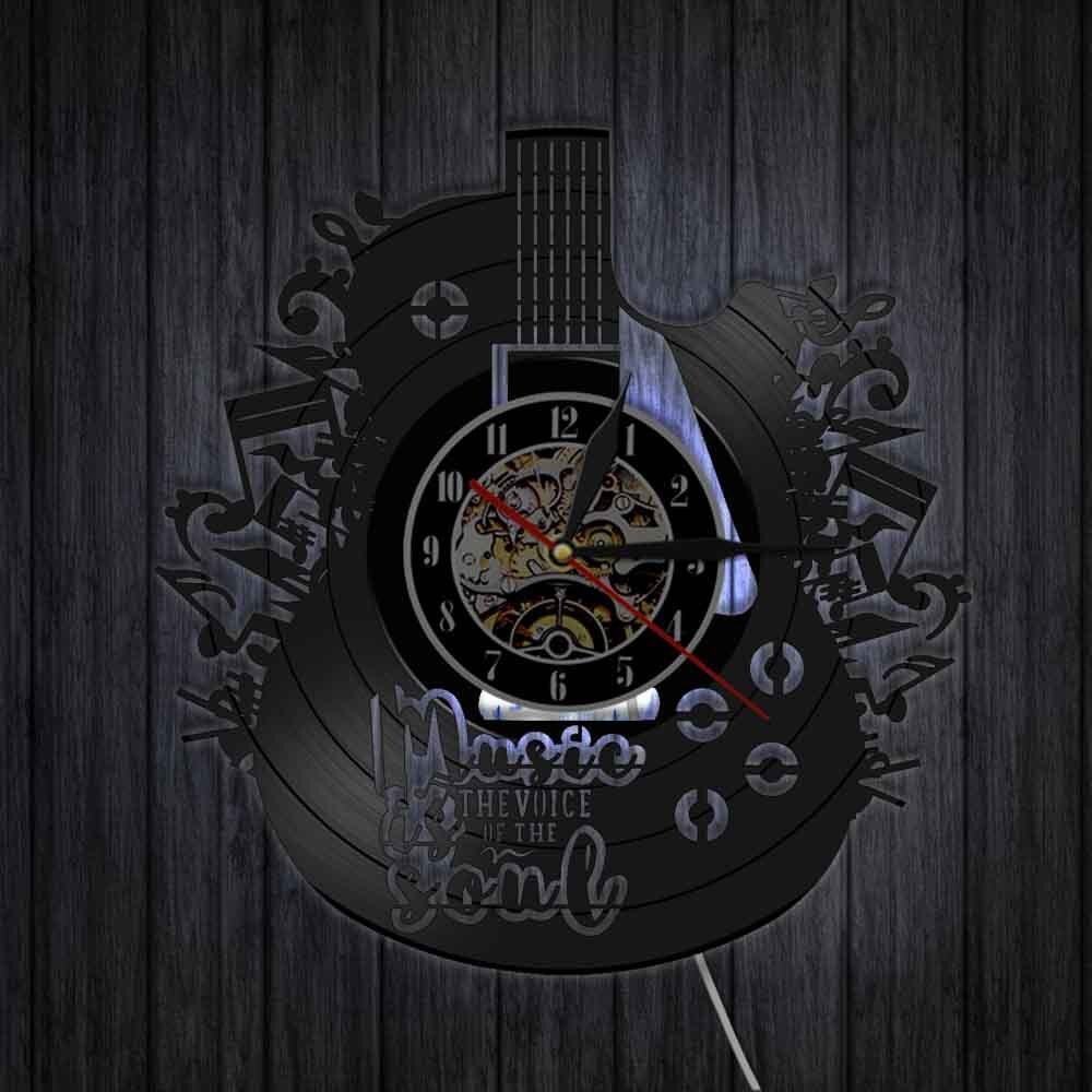Gitar form klassisk vinyl plate vegg colock veggkunst med 7 farger led lys for hjemme stue bar kontor dekorasjon
