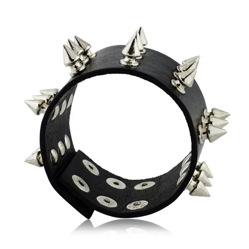 Punk Gothic Rock Drie Rij Metalen Kegel Stud Spikes Rivet Lederarmband Bangle Brede Manchet Armband S158
