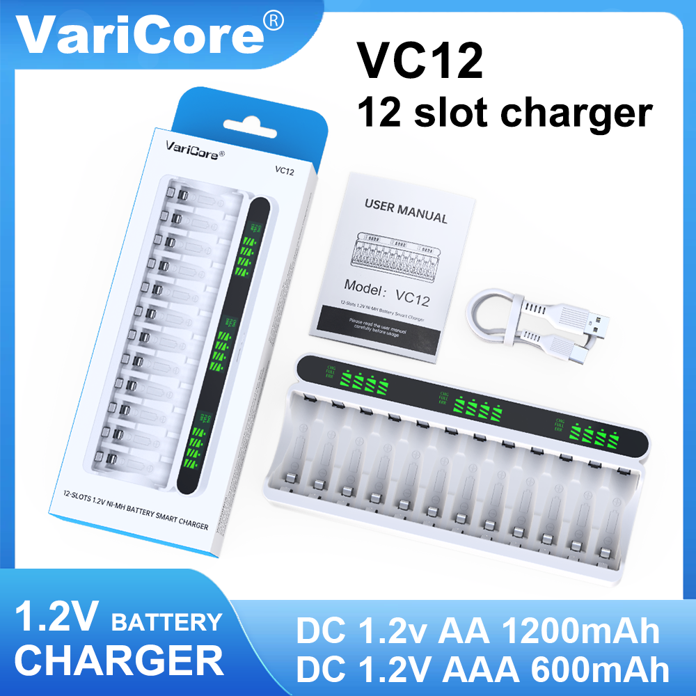 VariCore Neues intelligentes 12-Slot-Ladegerät VC12 Typ C speziell für 1,2 V AA/AAA Ni-MH/Ni-CD-Akku